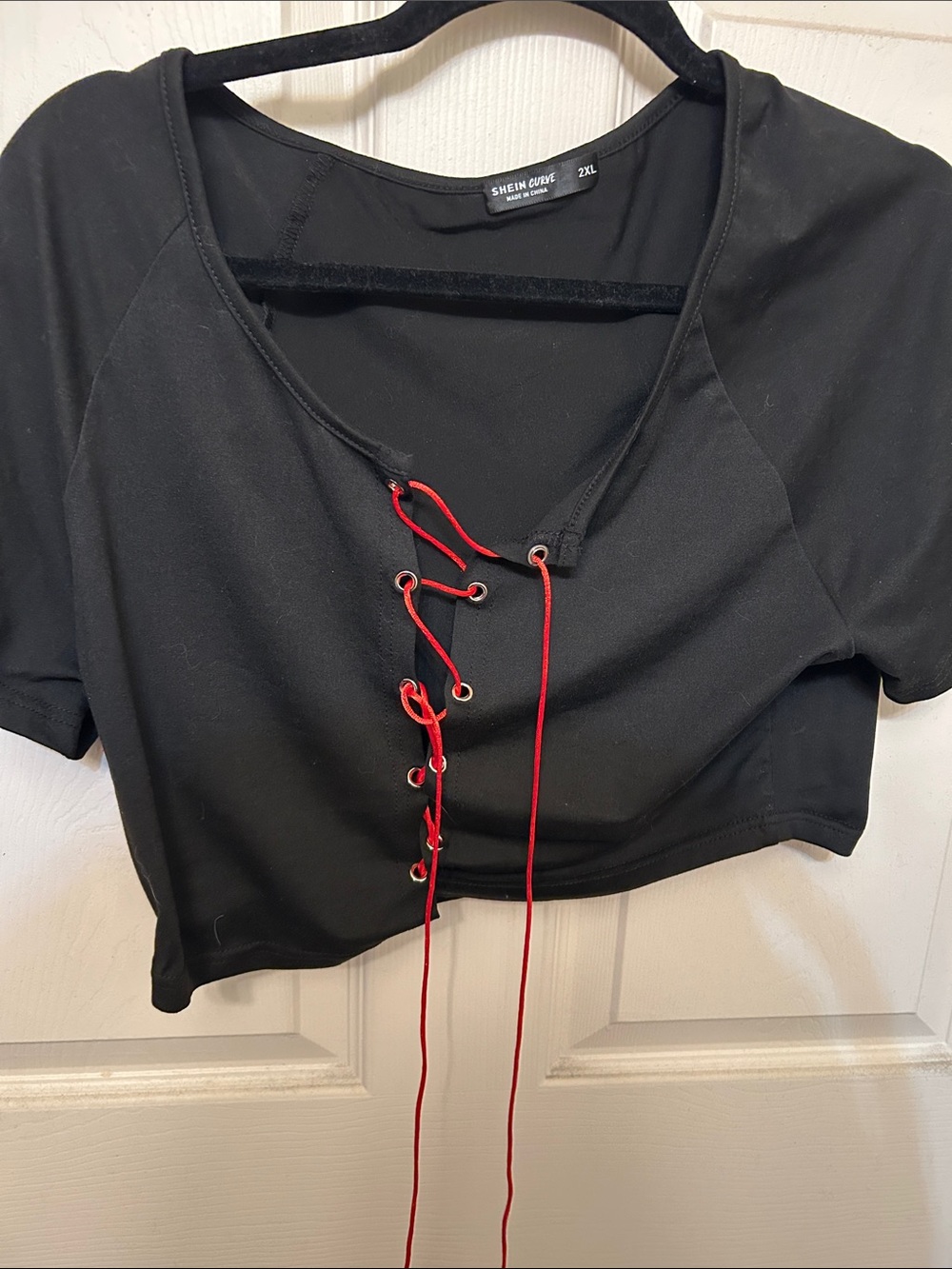 SHEIN Black Crop Top with Red Lace-Up Detail